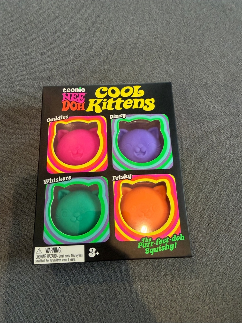 Cool Kittens 4-Pack Squishy Toy Set - Pink, Purple, Green, Orange. Needoh